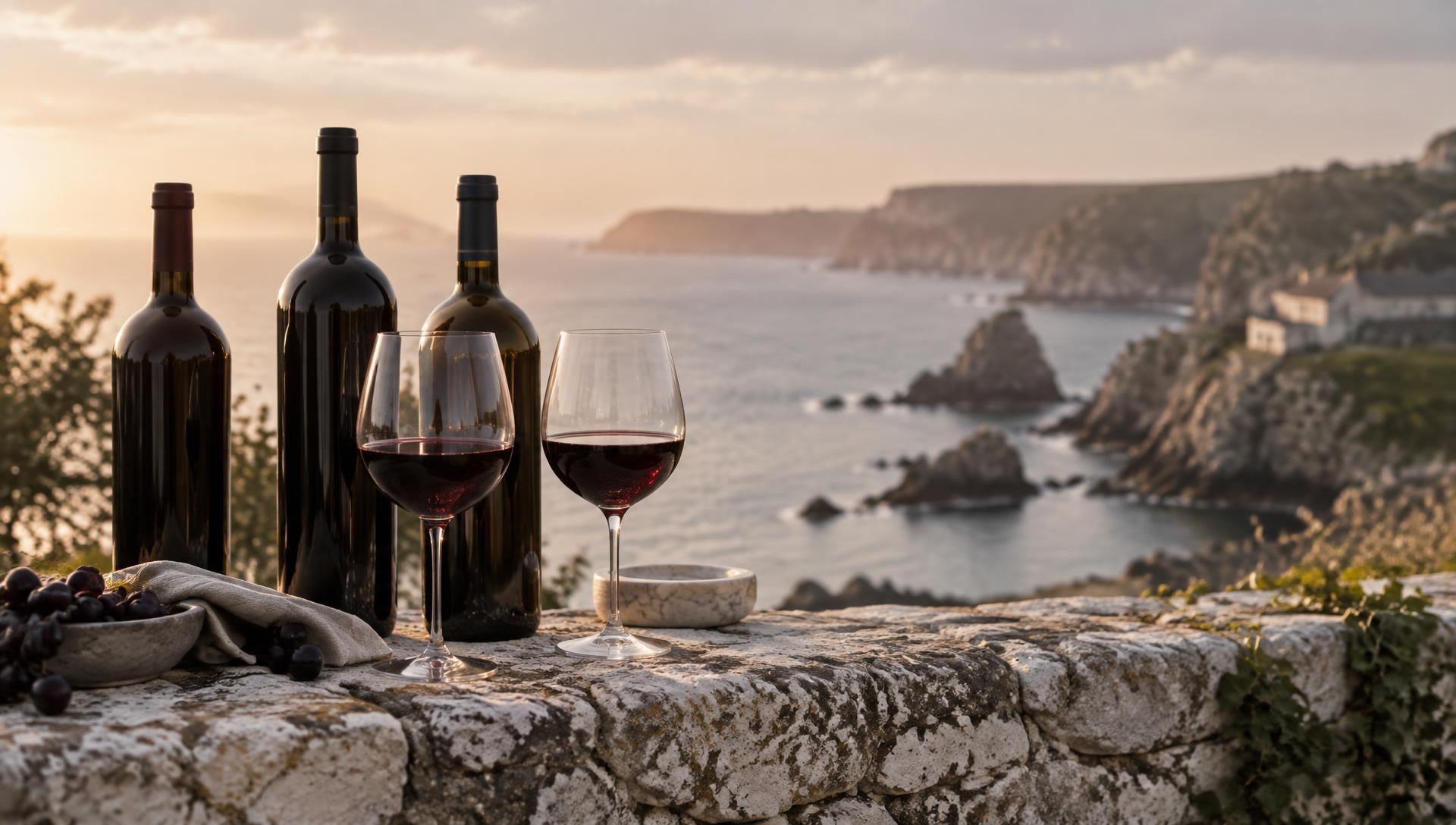 Wine bottles and glasses on a stone wall above the Guernsey coast